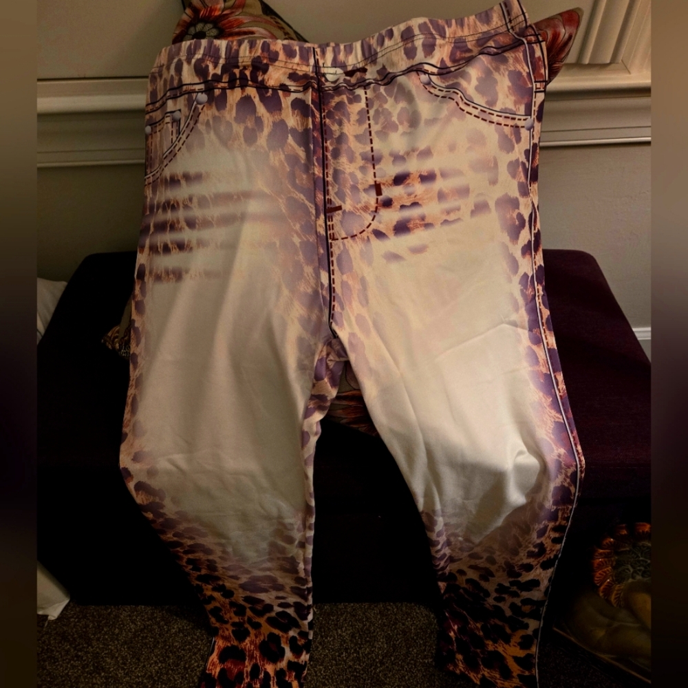 Leopard Print Straight Leg Pants - Beige/Purple